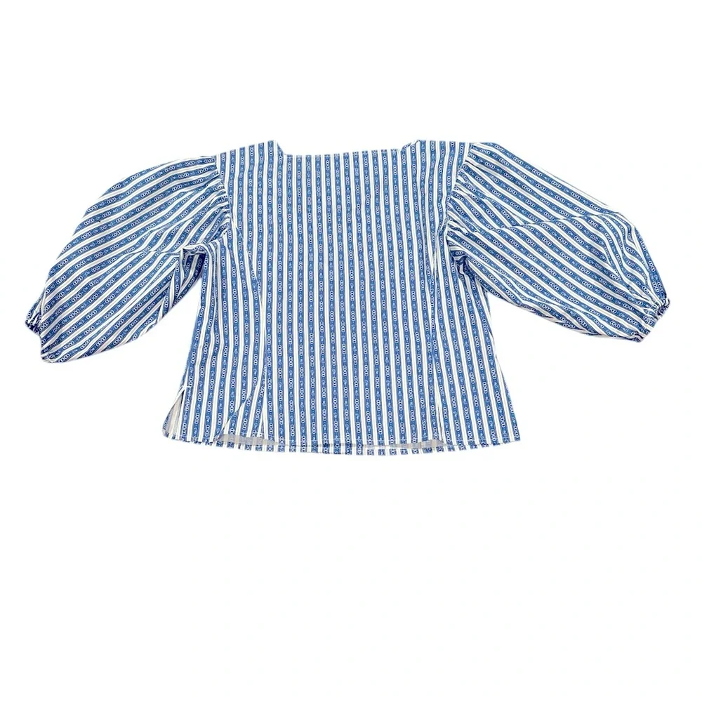 Tory Burch Cropped Gemini Link Striped Blue White Short Puff-Sleeve top 6